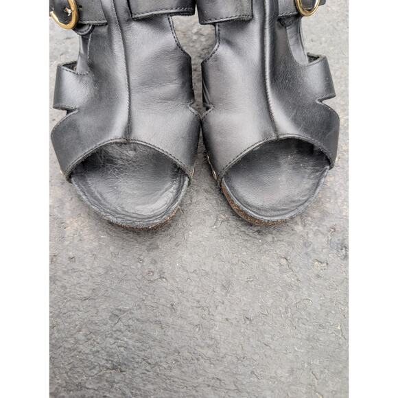 Mephisto Black Leather Wedge Sandals Womens Size 37 US 7 Studded Open Toe Buckle - Picture 7 of 8